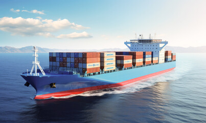 A magnificent cargo ship, adorned with containers of various shapes and sizes, is skillfully navigating the vast open sea, destined for international export, carrying a valuable