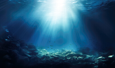 Captivating depiction of the underwater world, where sunlight flares create an enchanting play of light and shadows in the deep sea, forming a mesmerizing aquatic backdrop - obrazy, fototapety, plakaty