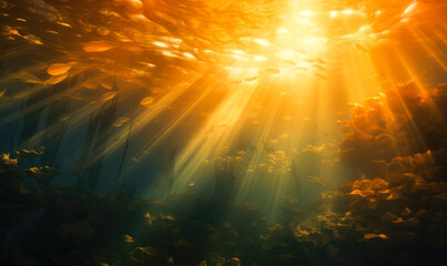 Fototapeta na wymiar Captivating depiction of the underwater world, where sunlight flares create an enchanting play of light and shadows in the deep sea, forming a mesmerizing aquatic backdrop