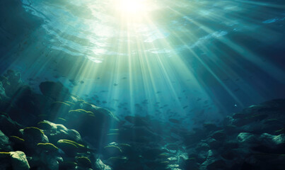 Fototapeta na wymiar Captivating depiction of the underwater world, where sunlight flares create an enchanting play of light and shadows in the deep sea, forming a mesmerizing aquatic backdrop