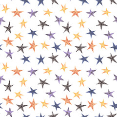 Watercolor seamless halloween party pattern with different violet, blue, orange stars with dots and stripes.October autumn white background as wrapping paper