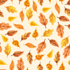 Watercolor hand drawn painted little orange, brown, red autumn season leaves seamless pattern on yellow background. Aquarelle web design for print.Halloween cartoon style backdrop