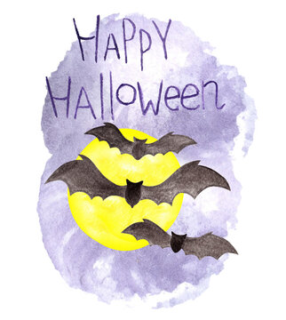 Watercolor poster greeting card with dark black textured bat slilhuettes on yelow full moon and handwritten word "happy halloween".Party background