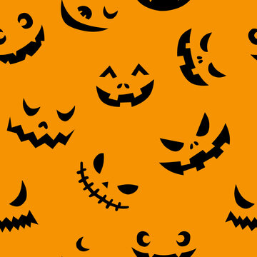 Line art doodle simple seamless pattern with different spooky creepy funny eyes and smiles halloween party backdrop.On orange background