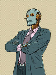 Artificial intelligence is starting to take over the jobs of office workers. Collaboration between technology and man. A vintage robot in a business suit is standing.Pop Art Retro - 626053131