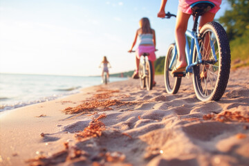 Children riding bicycles on the beach in the summertime