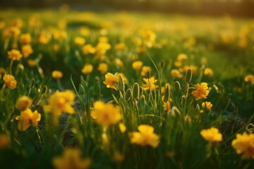 Obraz premium Yellow spring flowers on green meadow background