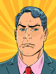 The boss looks at your actions at work. An attentive employee of the company monitors security measures. A man in a suit is watching. Pop Art Retro