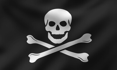 Skull and Crossbones, Jolly Roger, Pirate’s Waving Flag, Vector Illustration