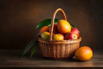 Fototapeta na wymiar a stunning image of a wicker basket filled to the brim with perfectly ripe and freshly picked mangos - AI generative