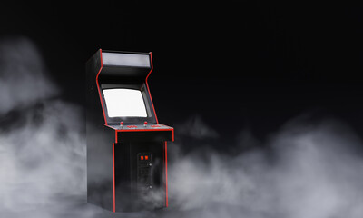 Generic Retro Arcade Machine or Cabinet for Two Players With Red Decorations in the Fog or Mist. 3D Illustration
