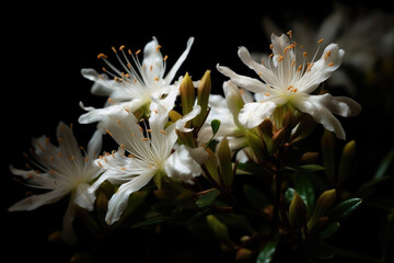 Sunlit white Calytrix tetragona flowers on a dark background 