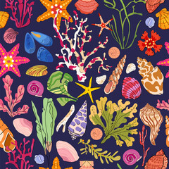 Vector Seaweed coral and algae seamless pattern on dark background. Seabed Plants and ocean shell repeat texture for fabric, wallpaper or wrapping paper, cover