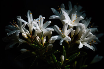 Sunlit white Calytrix tetragona flowers on a dark background 