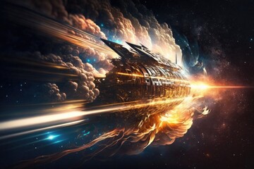 Spaceship in space. Futuristic cosmos