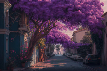 Fototapeta premium A street full of purple flowers and blooming plants. Generative AI