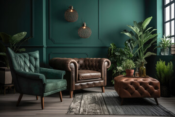 Green living room interior with leather armchair