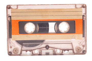 Close up of retro audio cassette tape, isolated on white background, vintage 80's music concept.