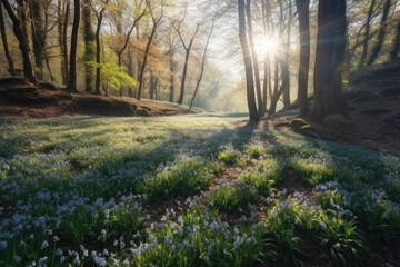Panoramic view to spring flowers in the park. Scilla blossom on beautiful morning with sunlight in the forest in april 