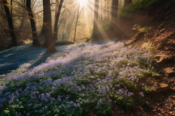 Panoramic view to spring flowers in the park. Scilla blossom on beautiful morning with sunlight in the forest in april 