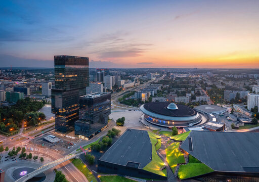 Katowice, Poland - Aerial cityscape with modern building and famous Arena