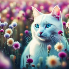 White cat with flowers