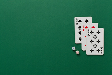 Playing cards on color background, top view. Gambling concept