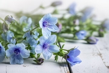 beautiful and delicate blue flowers arrangement on white wooden background