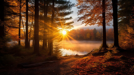 Obraz premium A mesmerizing scene of a golden sunrise over a forest, with autumn leaves gently falling Generative AI