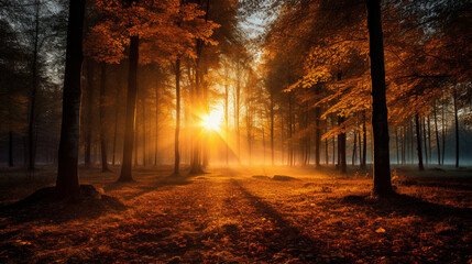 A mesmerizing scene of a golden sunrise over a forest, with autumn leaves gently falling Generative AI