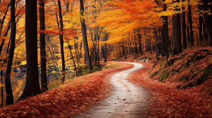 A charming picture of a winding path through the woods, adorned with vibrant autumn foliage Generative AI