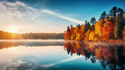 Obraz premium A serene image of a tranquil lake at dawn, with colorful autumn trees reflecting on the water's surface Generative AI
