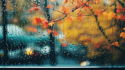 An artistic composition of a rain-soaked windowpane showcasing a colorful autumn scenery outside Generative AI