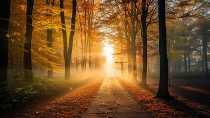 A magical shot of a misty forest during sunrise, with the vibrant hues of autumn leaves peeking through Generative AI