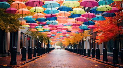 A dreamy image of colorful umbrellas dotting the city streets during a gentle autumn rain Generative AI
