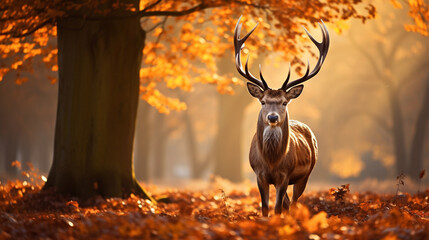 A stunning photograph of a majestic deer surrounded by autumn foliage in the soft morning light Generative AI