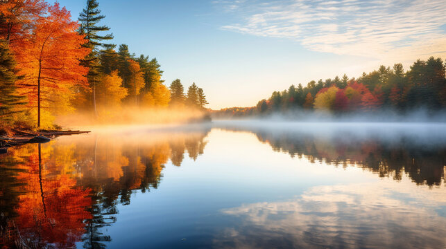 A serene image of a tranquil lake at dawn, with colorful autumn trees reflecting on the water's surface Generative AI