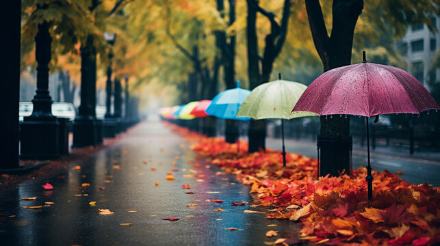 A dreamy image of colorful umbrellas dotting the city streets during a gentle autumn rain Generative AI