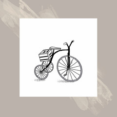 Hand drawn Bicycle Vintage Illustration and frame. Black lineart Tricycle. Isolated object on transparent background