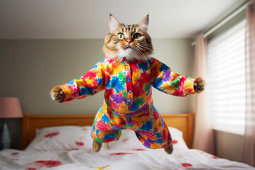 A cat wearing one piece pajamas jumping on the bed