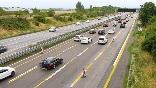 Raunheim, Germany - July 21, 2023: Dense traffic on German highway A3 between Raunheim and Wiesbadener Kreuz