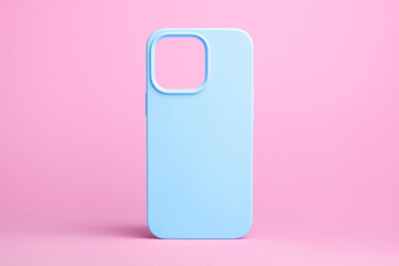 blue phone case mock up back view for iPhone 15 Pro isolated on pink background