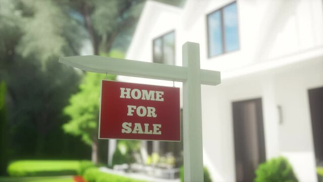 Cinematic view of a for sale sign in front of modern home