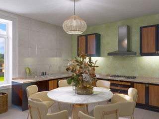 Kitchen interior 3d render, 3d illustration
