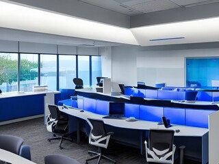 large office with a blue and white ceiling and a desk with chairs and a computer monitor