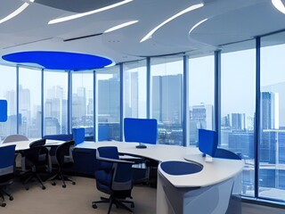 large office with a blue and white ceiling and a desk with chairs and a computer monitor