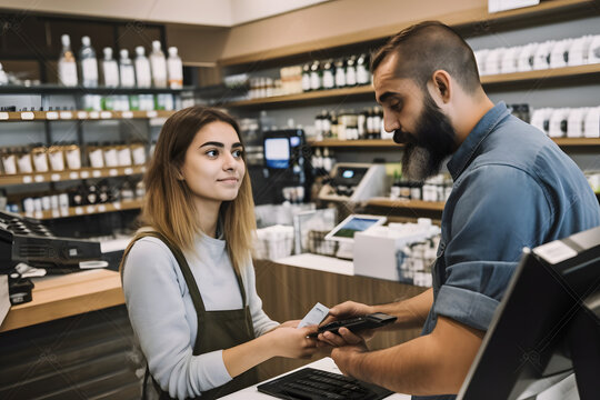 Salesman and customer at the digital checkout of a store, digital payment