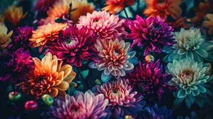 Fototapeta na wymiar Colorful autumn chrysanthemum flowers with vintage filter effect