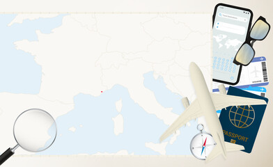 Monaco map and flag, cargo plane on the detailed map of Monaco with flag.