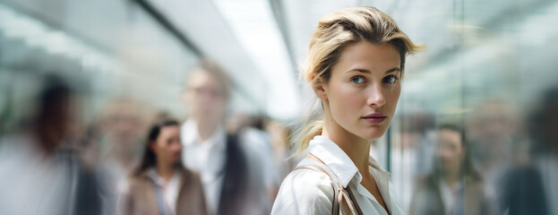 Young blond Woman standing alone, focus on her, with blurred people walking behind and around her